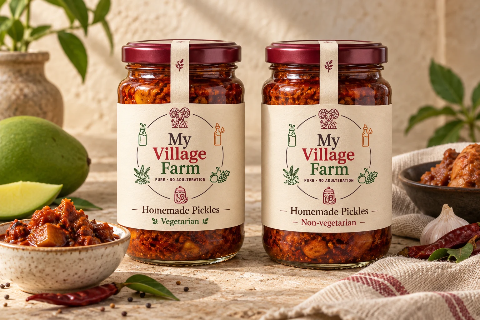 My Village Farm pickles packaging design preview; printed claims and QR codes are mockup content